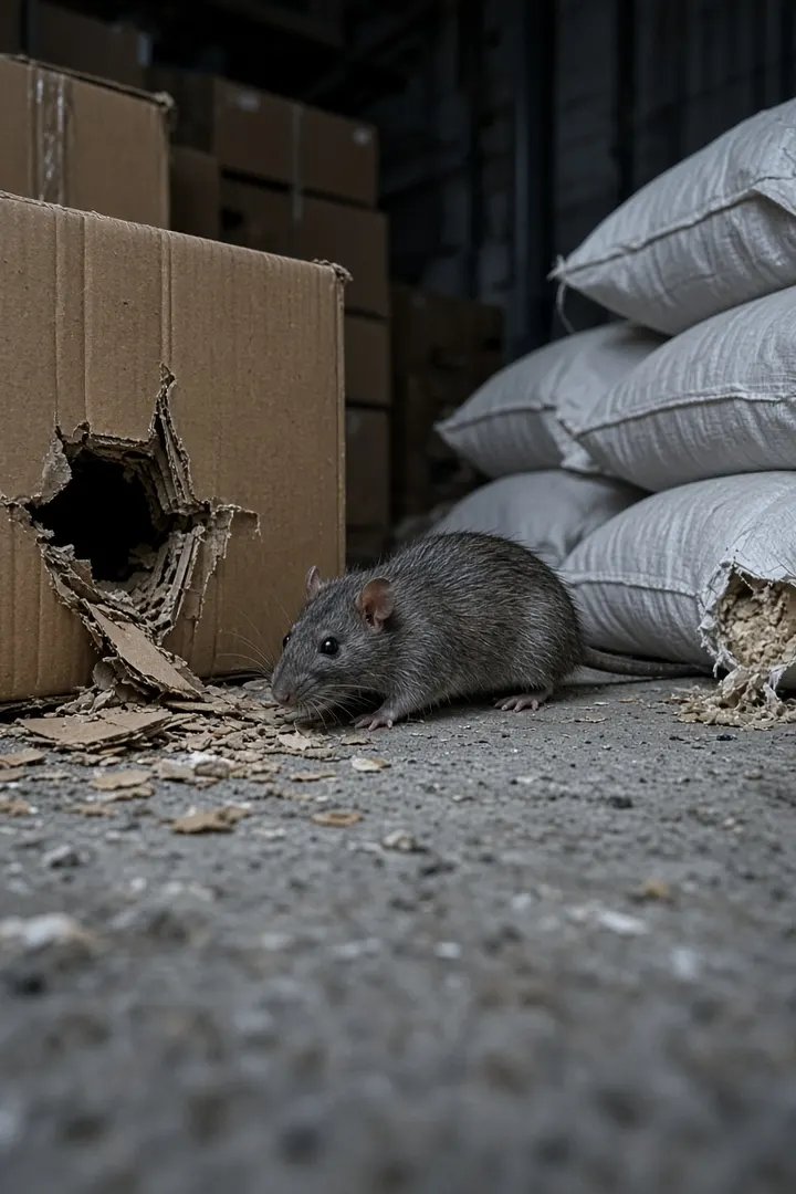Rato no depósito, com caixa e saco roídos